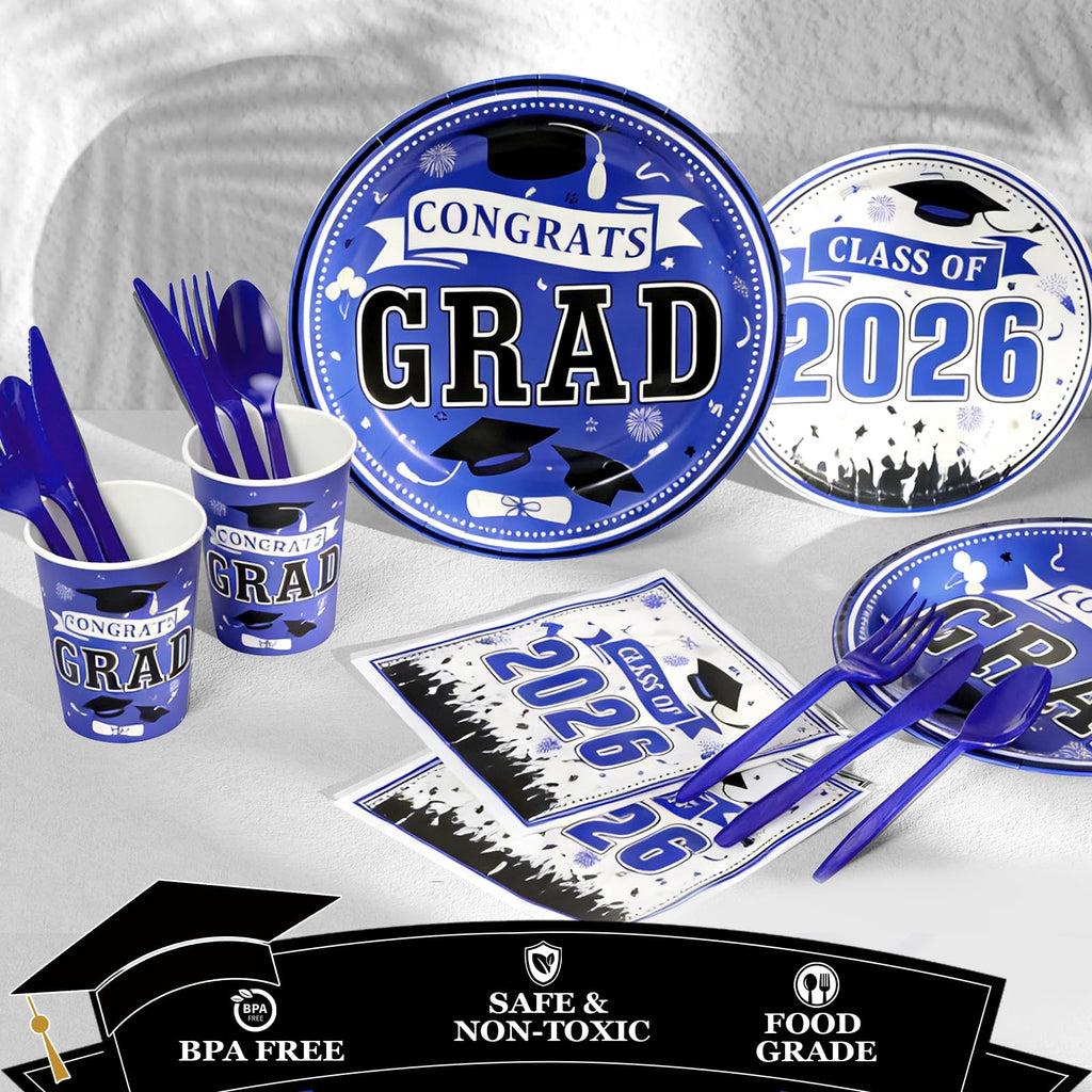 Graduation Decorations 2026 210Pcs, Black Gold Class of 2026 Graduation Party Decorations Tableware Set Disposable Grad Plates, Napkins, Dessert Plates, Cups, Straws and Forks for Grad Decor Supplies