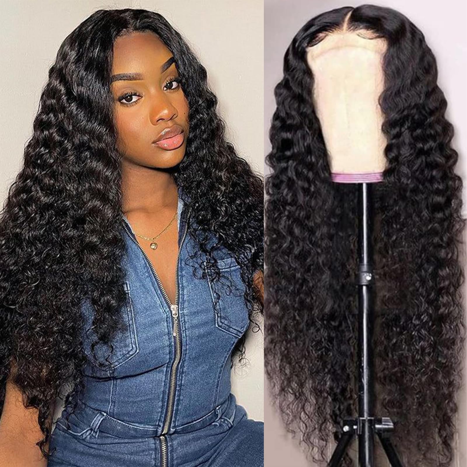 Nsvnsv 30 Inch 13x6 Deep Wave Lace Front Wigs Human Hair HD Full Lace Frontal Wigs Pre Plucked Bleached Knots 180% Density Deep Curly Human Hair Wig Natural Color