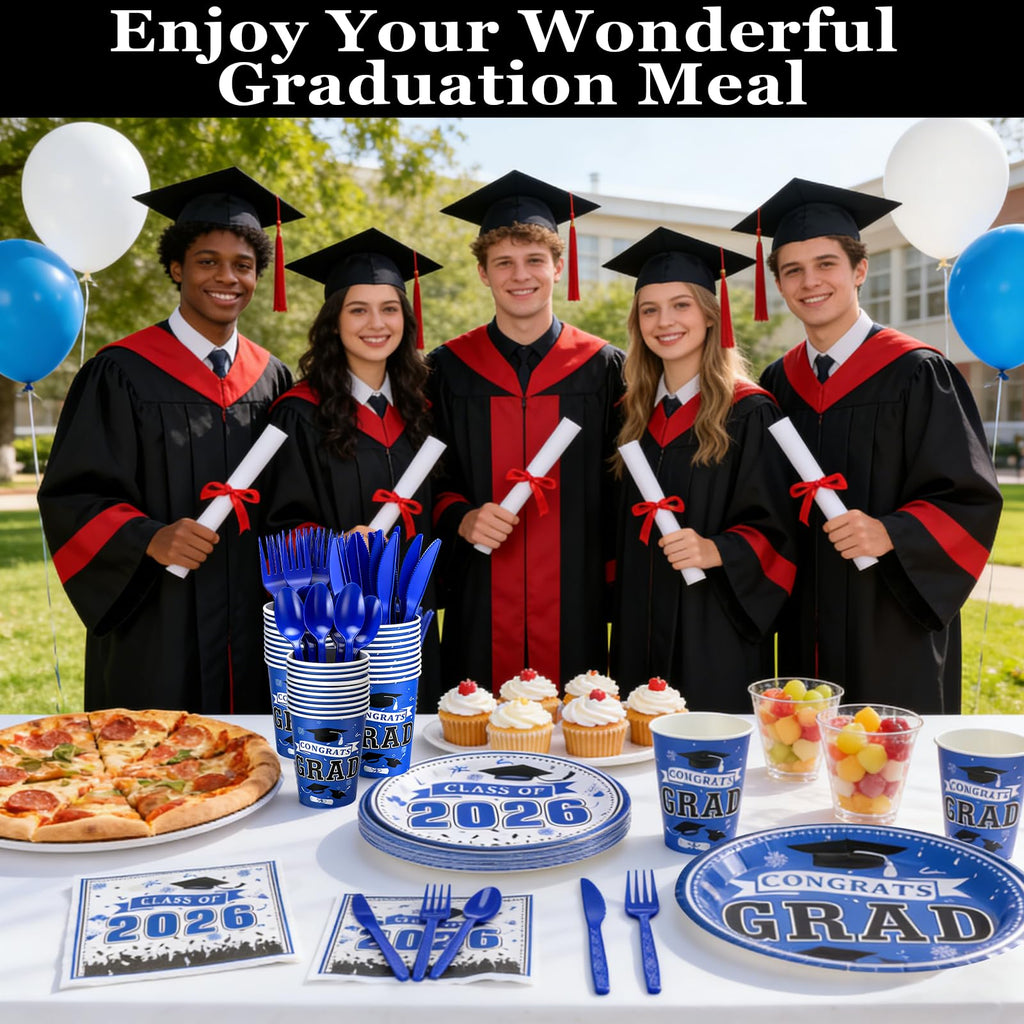 Graduation Decorations 2026 210Pcs, Black Gold Class of 2026 Graduation Party Decorations Tableware Set Disposable Grad Plates, Napkins, Dessert Plates, Cups, Straws and Forks for Grad Decor Supplies