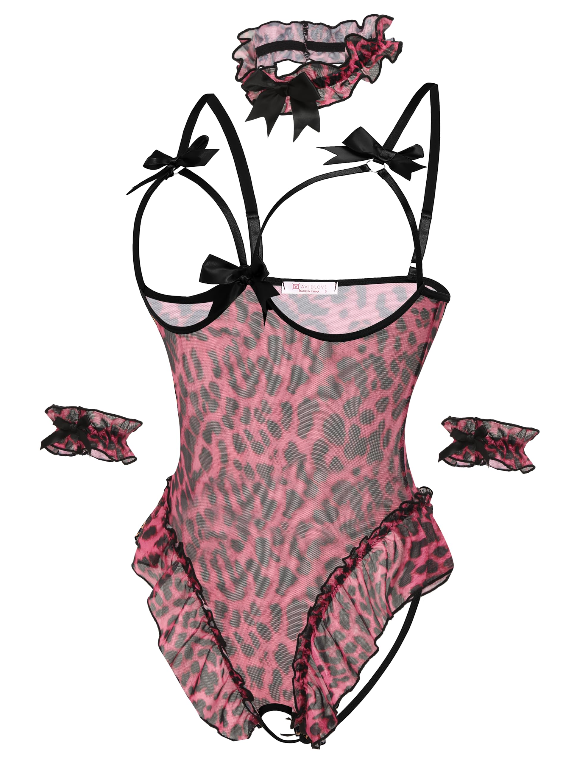 Avidlove Womens Lingerie Bodysuit 4 Piece Set Sheer Mesh Teddy Babydoll with Detachable Collar and Wrist Cuffs