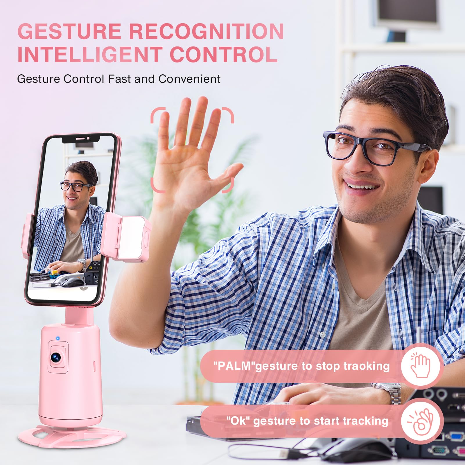 Auto Face Tracking Tripod 360° Rotating Cell Phone Photo and Video Kits Stand, No App, Camera Stand with Remote and Gesture Control, Rechargeable Smart Shooting Stand for Live Recording Tiktok（Black）