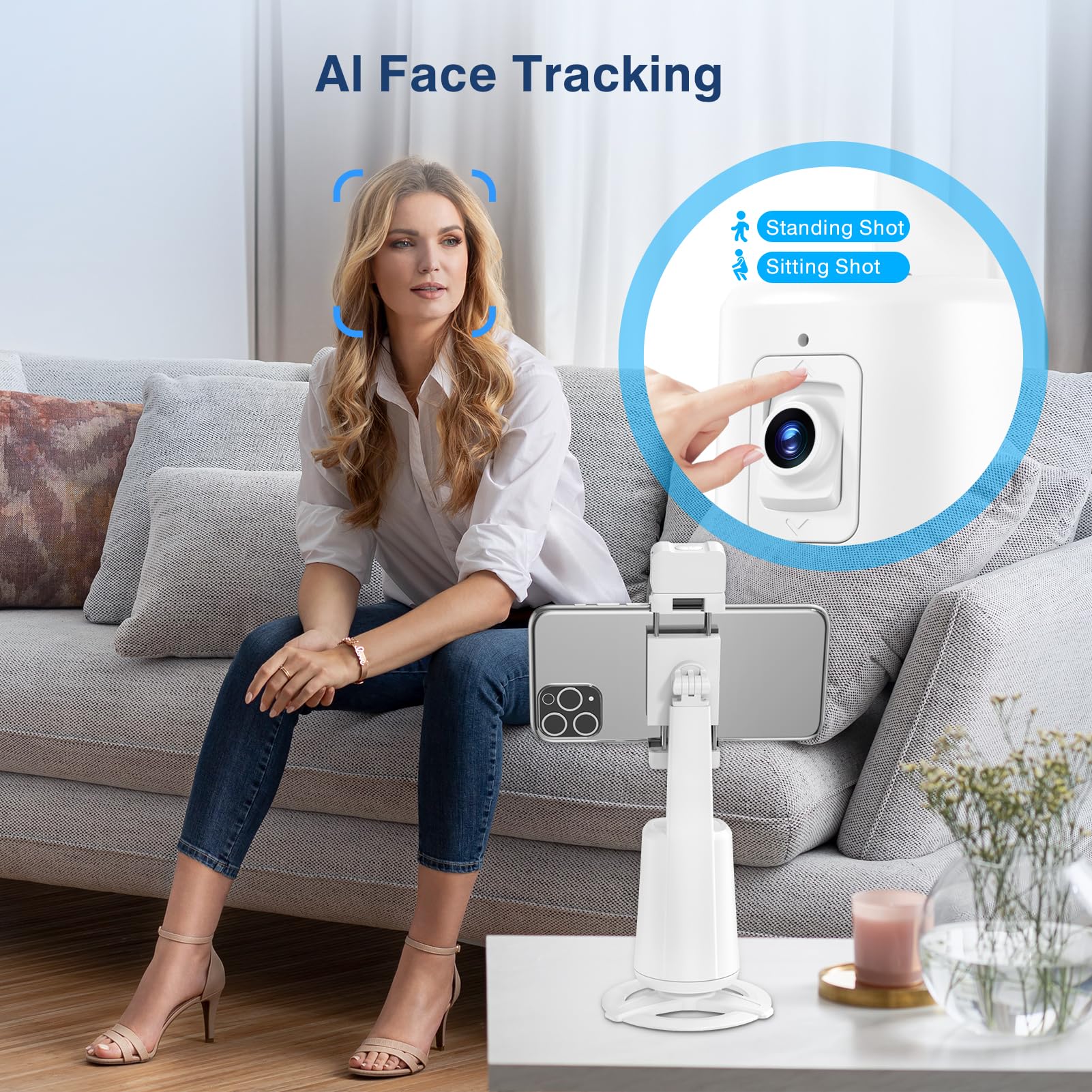 Auto Face Tracking Tripod 360° Rotating Cell Phone Photo and Video Kits Stand, No App, Camera Stand with Remote and Gesture Control, Rechargeable Smart Shooting Stand for Live Recording Tiktok（Black）