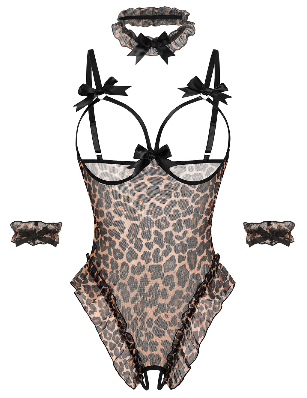 Avidlove Womens Lingerie Bodysuit 4 Piece Set Sheer Mesh Teddy Babydoll with Detachable Collar and Wrist Cuffs