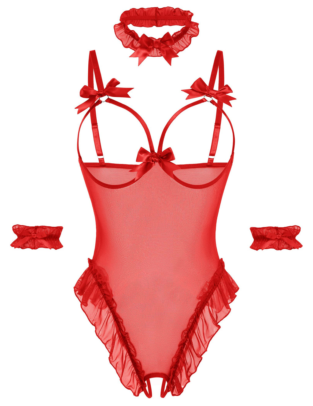 Avidlove Womens Lingerie Bodysuit 4 Piece Set Sheer Mesh Teddy Babydoll with Detachable Collar and Wrist Cuffs