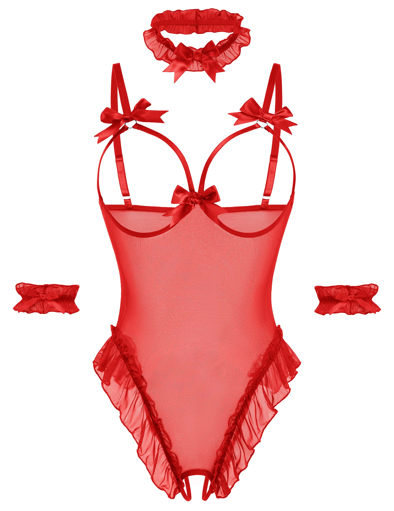 Avidlove Womens Lingerie Bodysuit 4 Piece Set Sheer Mesh Teddy Babydoll with Detachable Collar and Wrist Cuffs