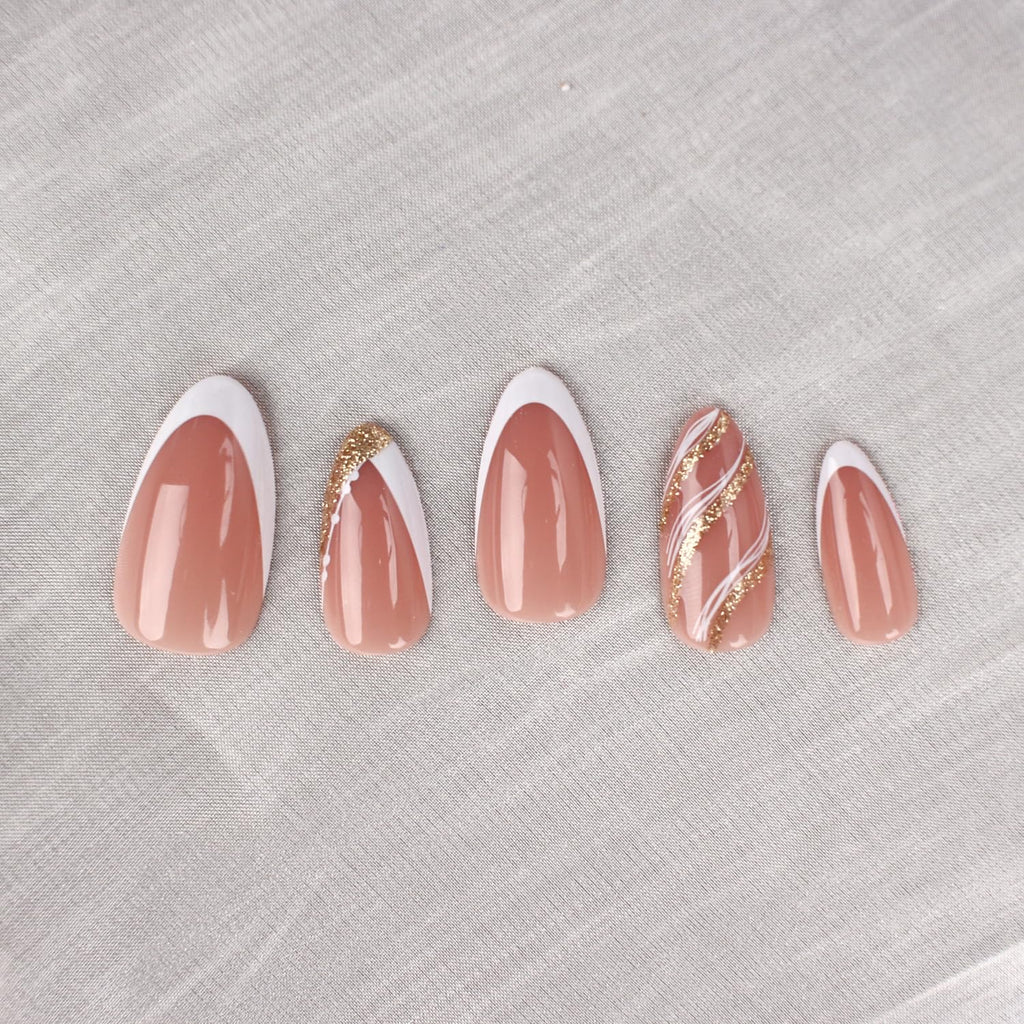 Summer French Press On Nails Short Almond, Cute Nude Pink Fake Nails with White French Tip & Brown Dot Detail, Glossy Gel Acrylic Stick On Nails, Perfect for Daily Wear & Gifts, New Packaging, 32PCS