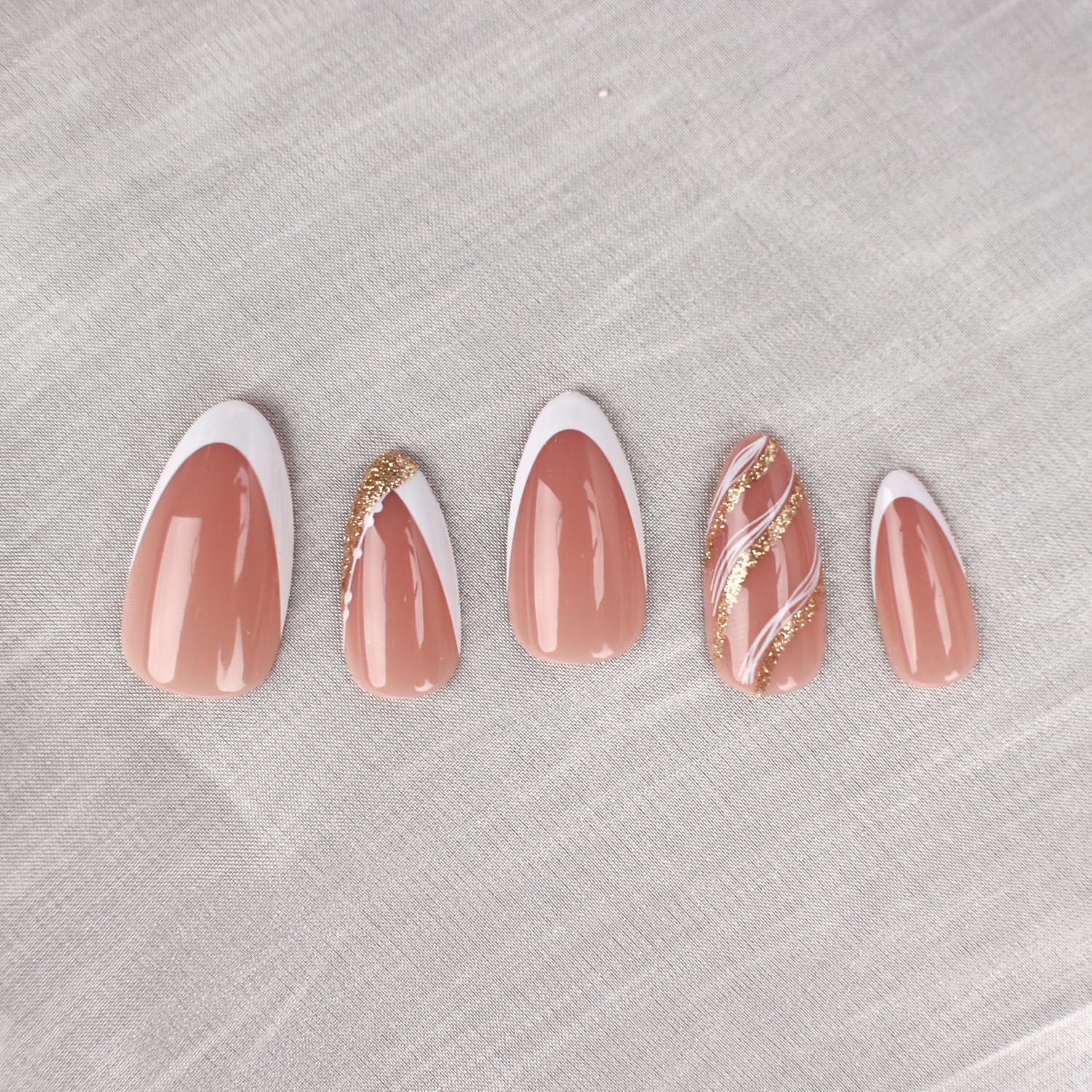Summer French Press On Nails Short Almond, Cute Nude Pink Fake Nails with White French Tip & Brown Dot Detail, Glossy Gel Acrylic Stick On Nails, Perfect for Daily Wear & Gifts, New Packaging, 32PCS