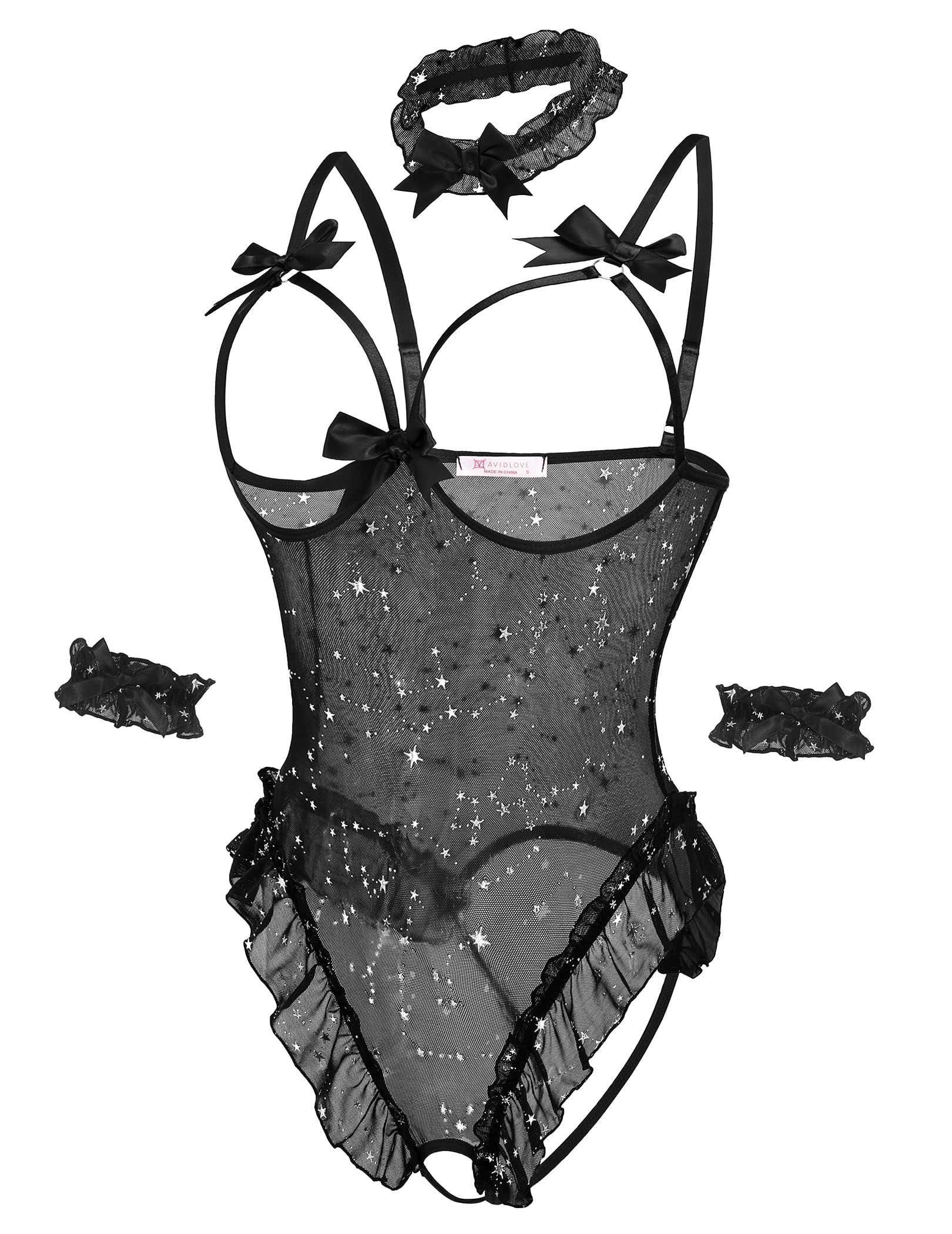 Avidlove Womens Lingerie Bodysuit 4 Piece Set Sheer Mesh Teddy Babydoll with Detachable Collar and Wrist Cuffs