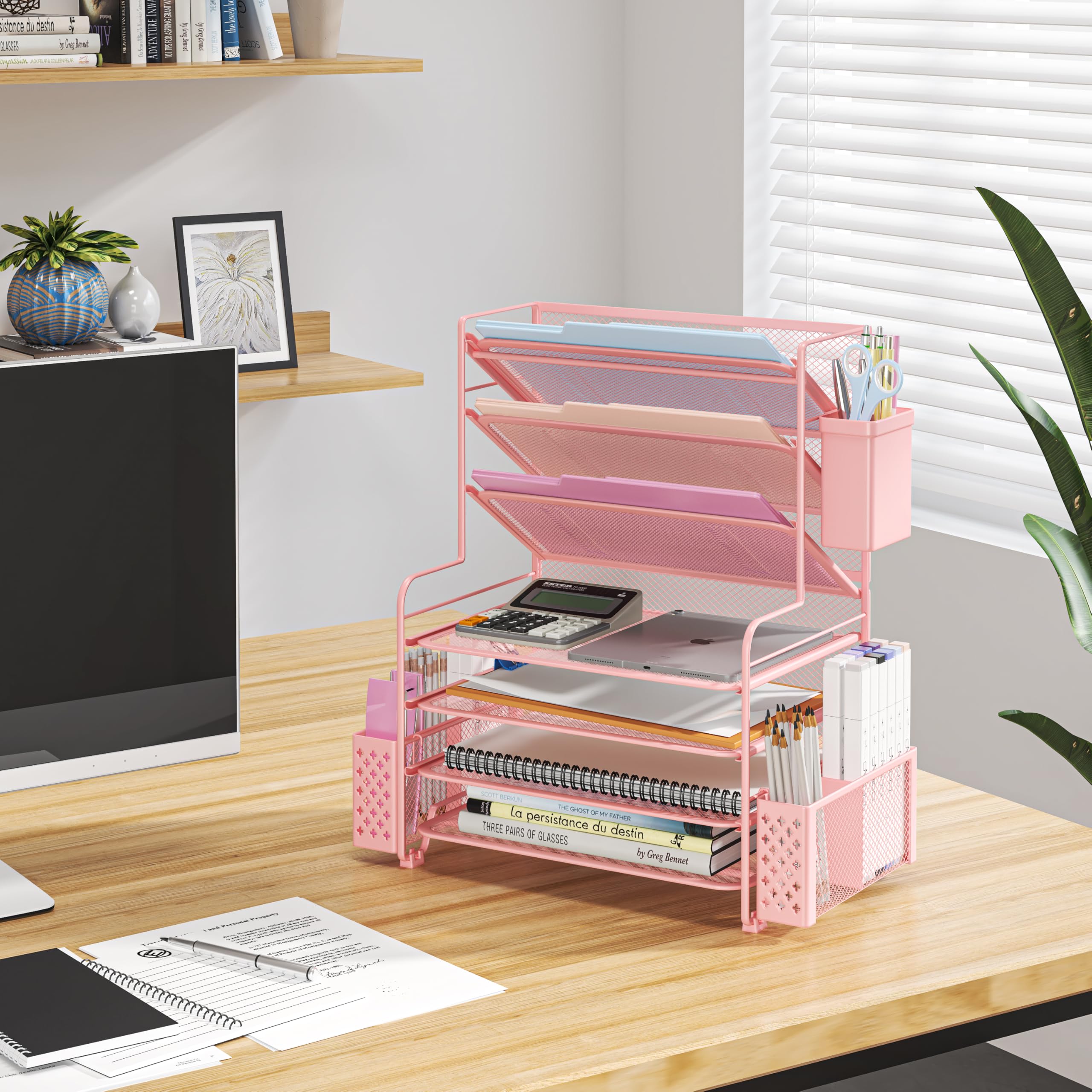 Simple Trending 7 Tier Desk File Organizer, Letter Tray Paper Organizer with Pen Holder and Metal Hanging Basket, Pink