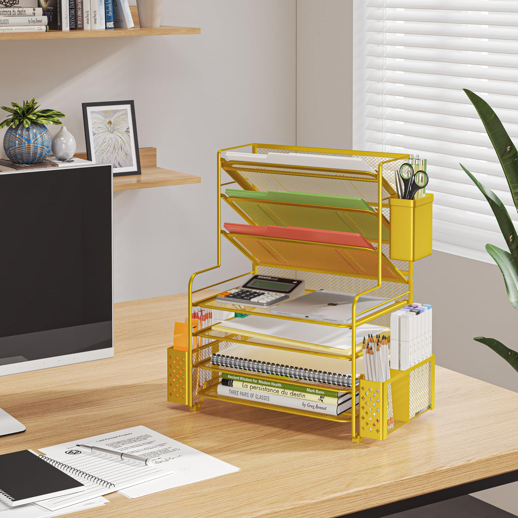 Simple Trending 7 Tier Desk File Organizer, Letter Tray Paper Organizer with Pen Holder and Metal Hanging Basket, Pink