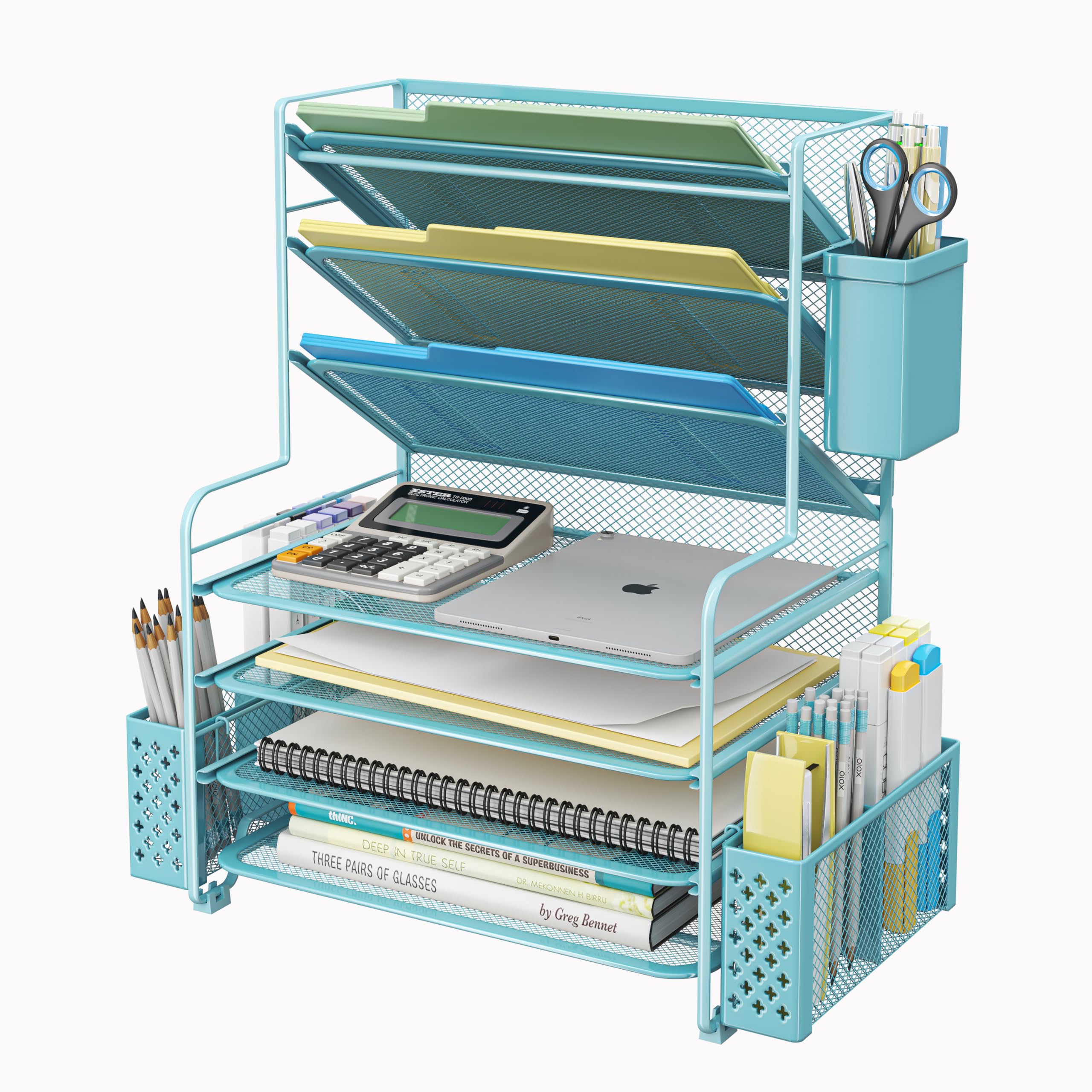 Simple Trending 7 Tier Desk File Organizer, Letter Tray Paper Organizer with Pen Holder and Metal Hanging Basket, Pink