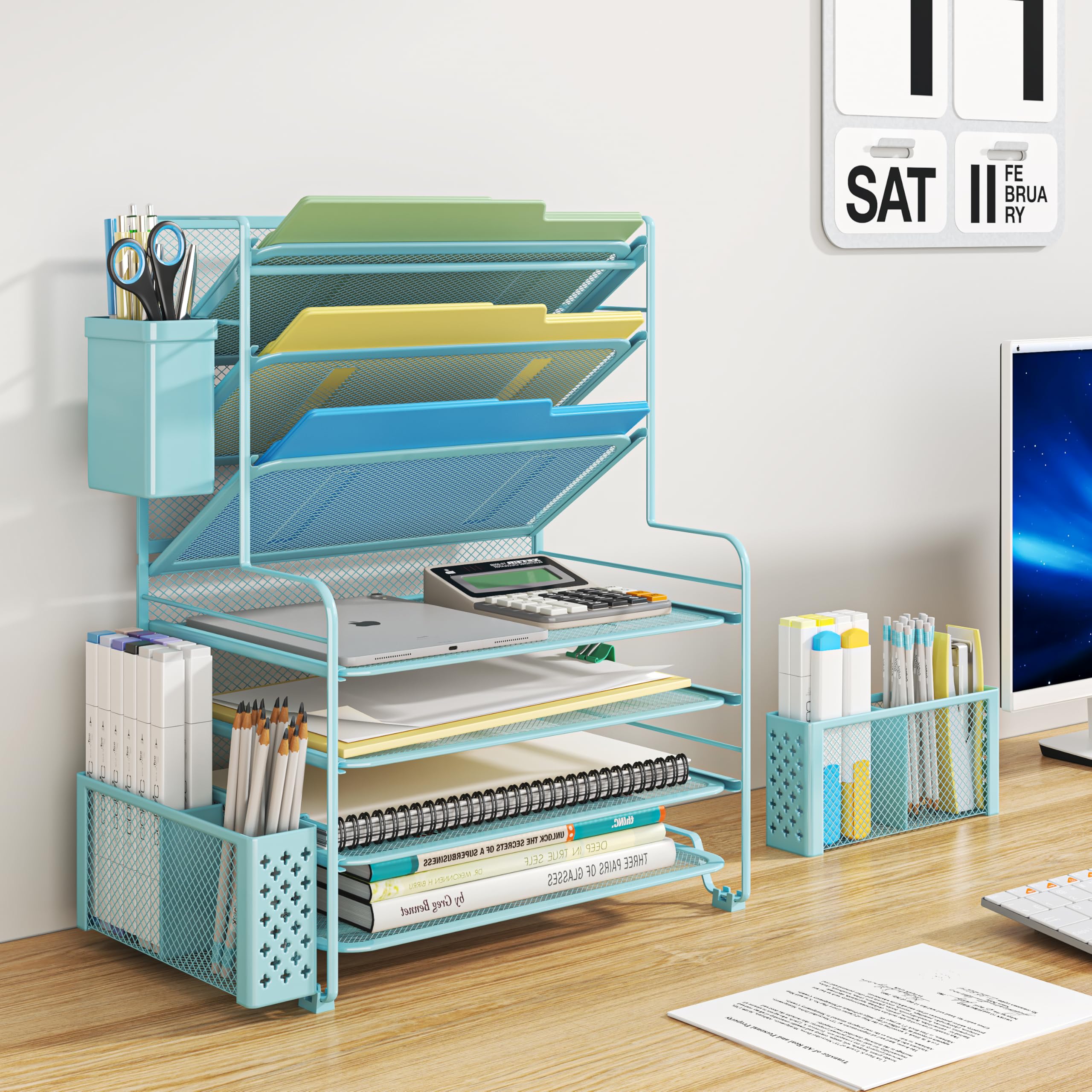 Simple Trending 7 Tier Desk File Organizer, Letter Tray Paper Organizer with Pen Holder and Metal Hanging Basket, Pink