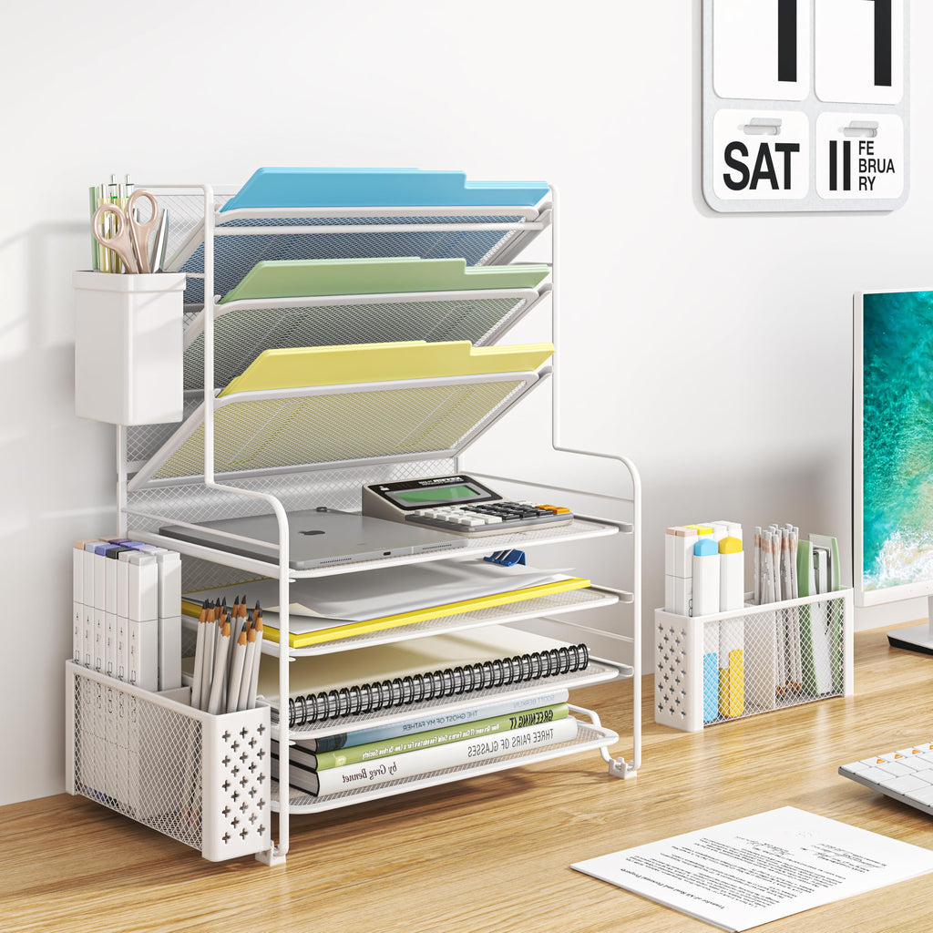 Simple Trending 7 Tier Desk File Organizer, Letter Tray Paper Organizer with Pen Holder and Metal Hanging Basket, Pink