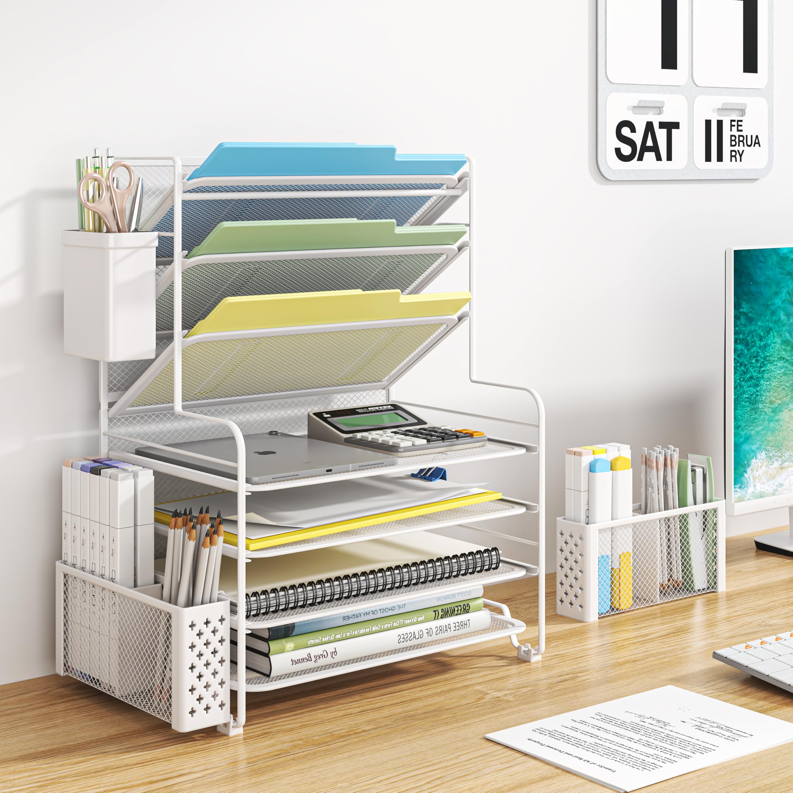 Simple Trending 7 Tier Desk File Organizer, Letter Tray Paper Organizer with Pen Holder and Metal Hanging Basket, Pink