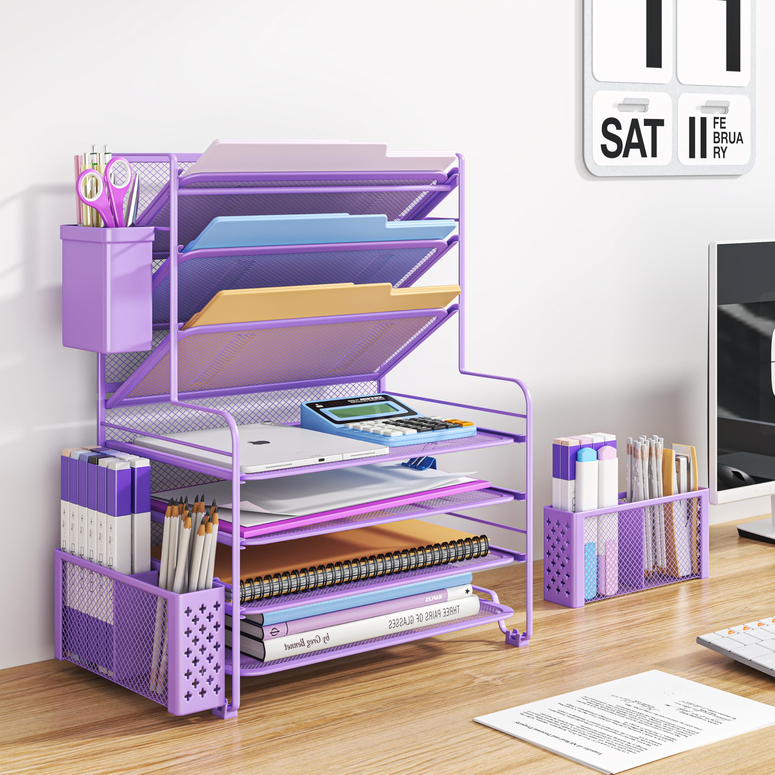 Simple Trending 7 Tier Desk File Organizer, Letter Tray Paper Organizer with Pen Holder and Metal Hanging Basket, Pink