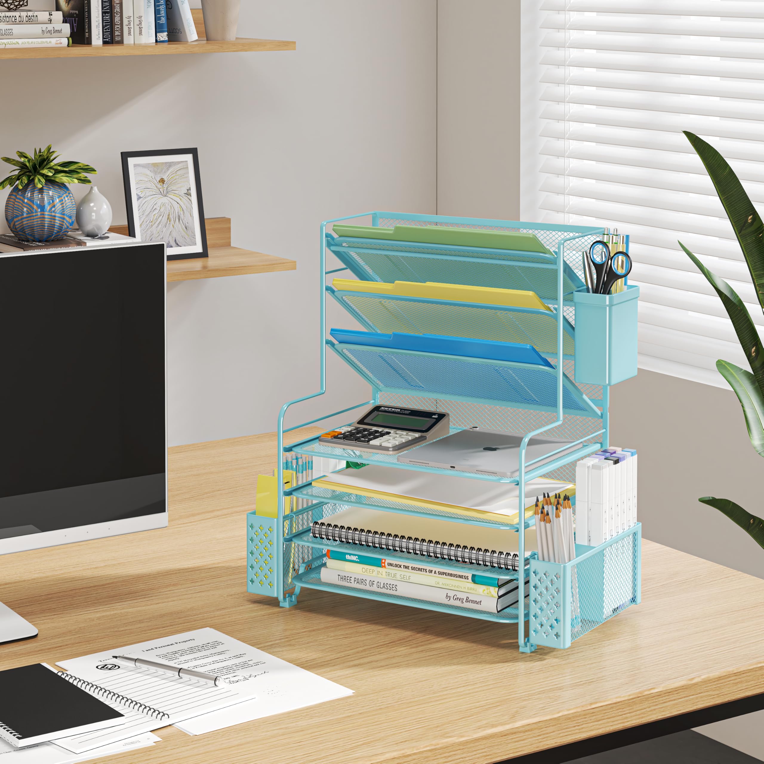 Simple Trending 7 Tier Desk File Organizer, Letter Tray Paper Organizer with Pen Holder and Metal Hanging Basket, Pink