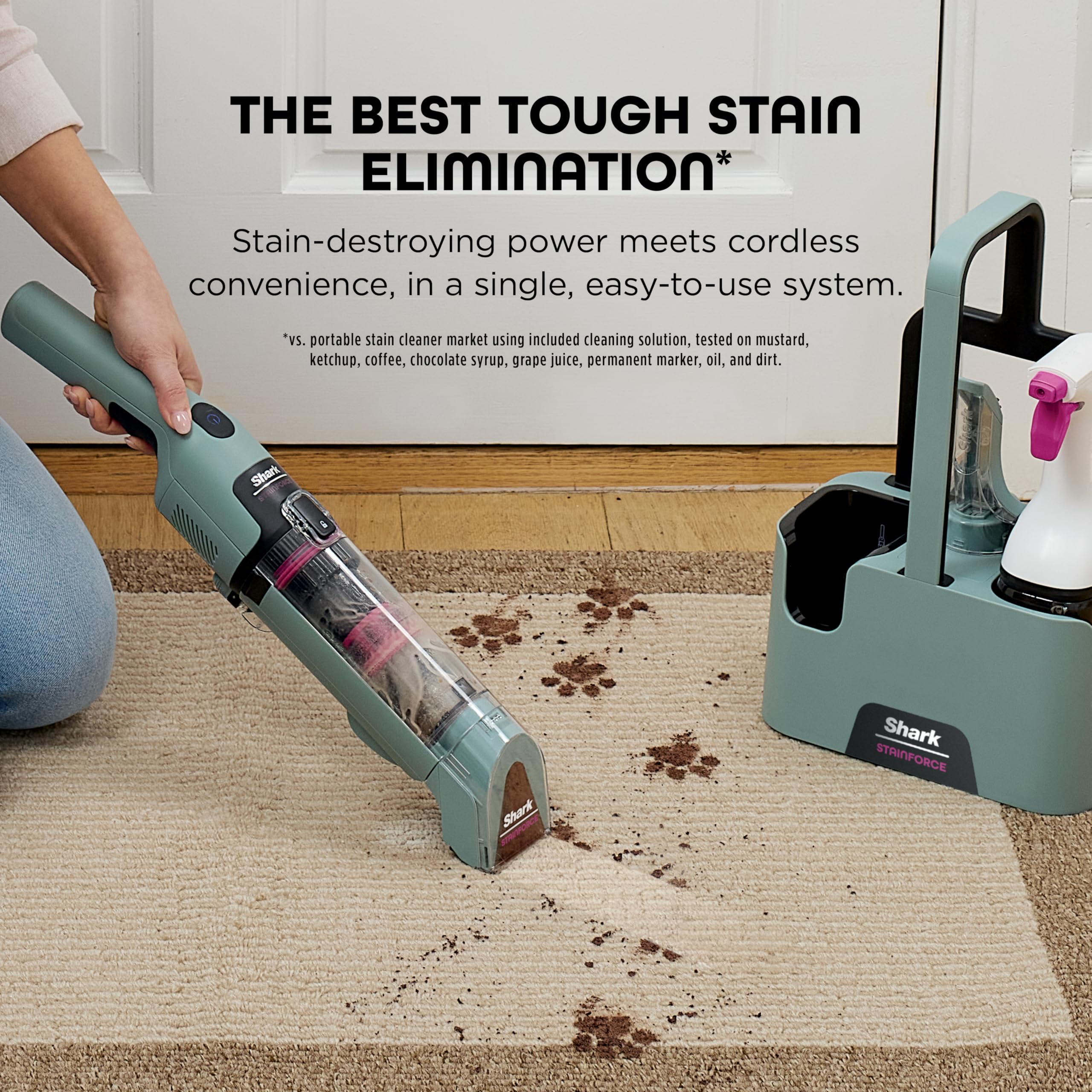 Shark StainForce Cordless Portable Spot, Stain, & Odor Remover System for Carpets, Area Rugs, Upholstery, Stairs, with Storage Caddy, Accessories, and Full-Size Cleaning Solution, HX105 (Renewed)