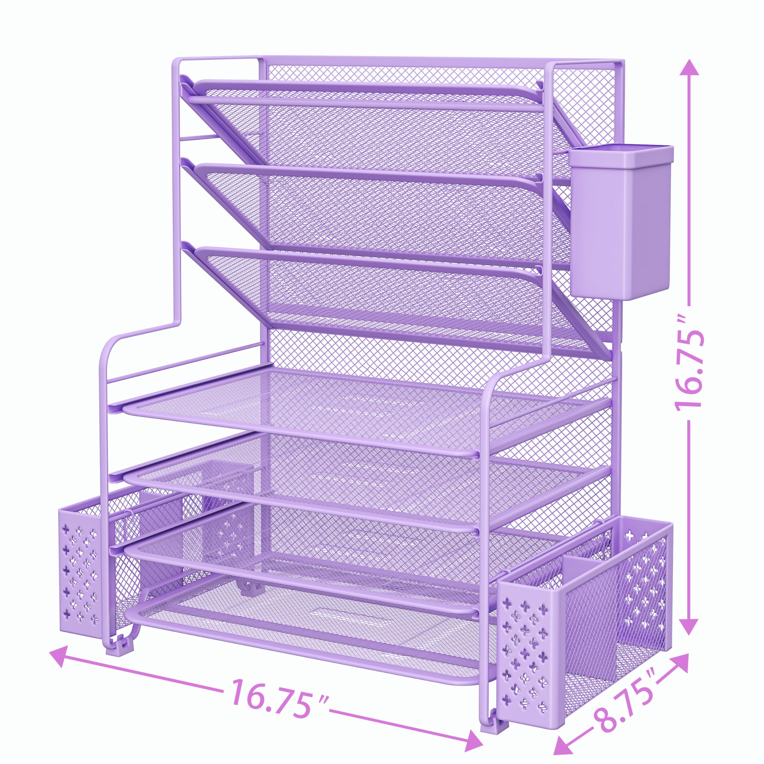 Simple Trending 7 Tier Desk File Organizer, Letter Tray Paper Organizer with Pen Holder and Metal Hanging Basket, Pink