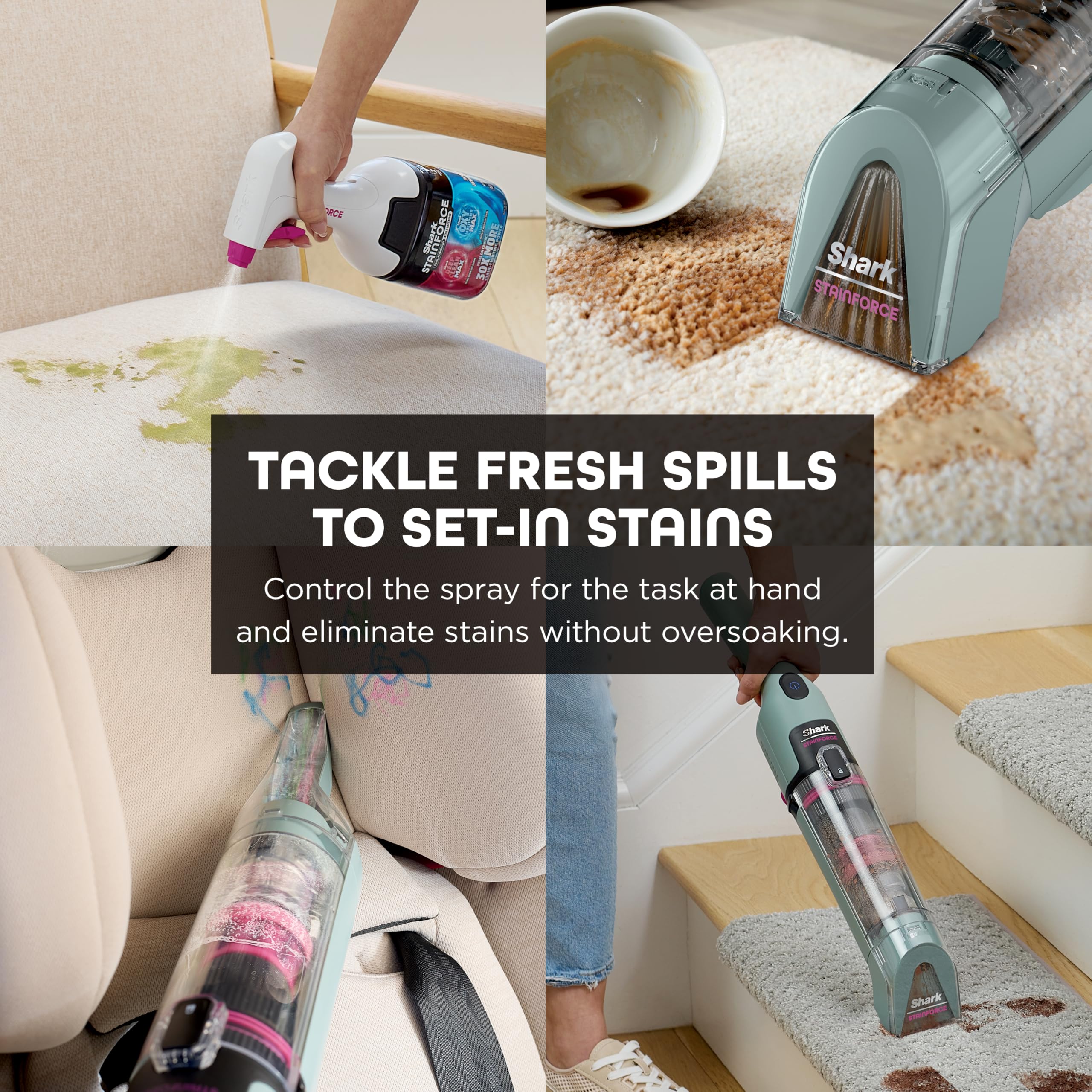 Shark StainForce Cordless Portable Spot, Stain, & Odor Remover System for Carpets, Area Rugs, Upholstery, Stairs, with Storage Caddy, Accessories, and Full-Size Cleaning Solution, HX105 (Renewed)
