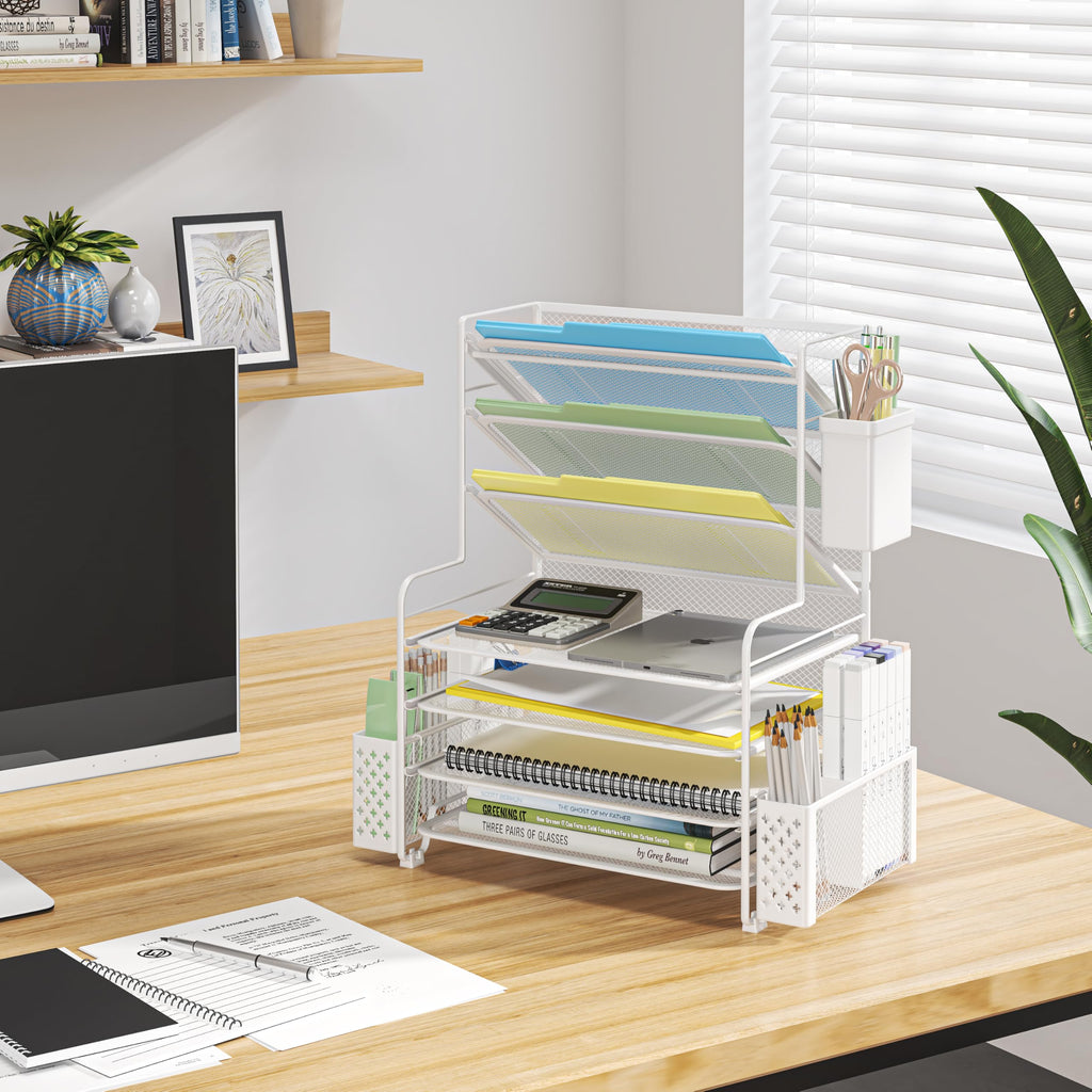 Simple Trending 7 Tier Desk File Organizer, Letter Tray Paper Organizer with Pen Holder and Metal Hanging Basket, Pink