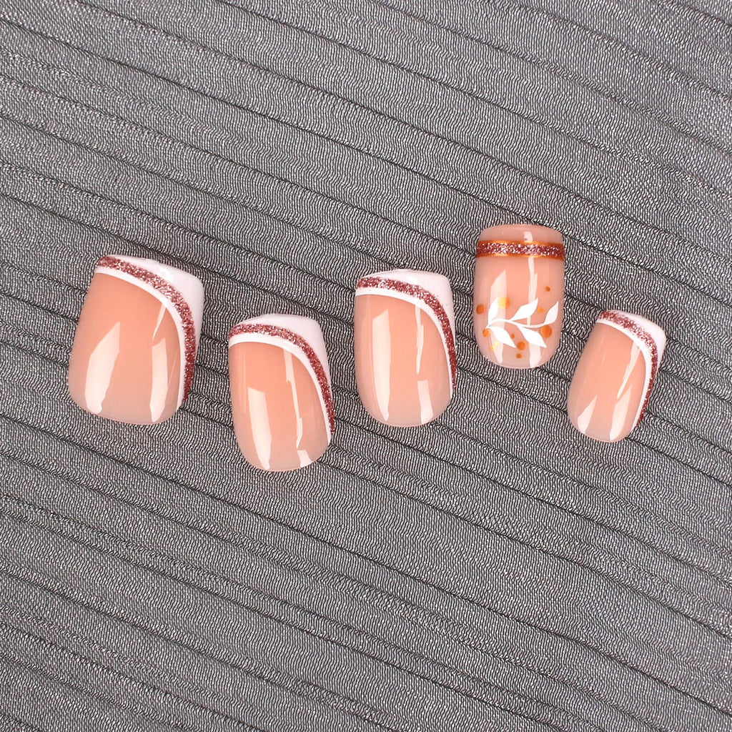 Summer French Press On Nails Short Almond, Cute Nude Pink Fake Nails with White French Tip & Brown Dot Detail, Glossy Gel Acrylic Stick On Nails, Perfect for Daily Wear & Gifts, New Packaging, 32PCS