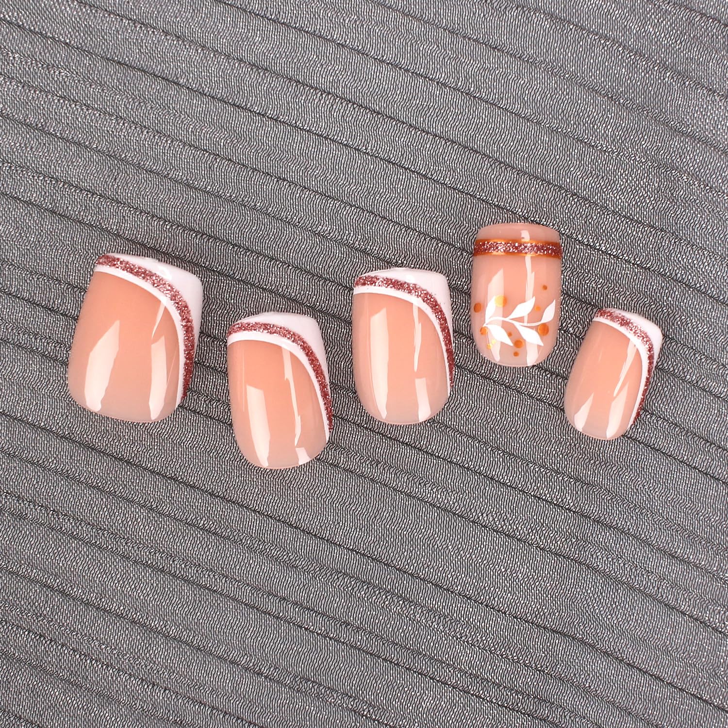 Summer French Press On Nails Short Almond, Cute Nude Pink Fake Nails with White French Tip & Brown Dot Detail, Glossy Gel Acrylic Stick On Nails, Perfect for Daily Wear & Gifts, New Packaging, 32PCS