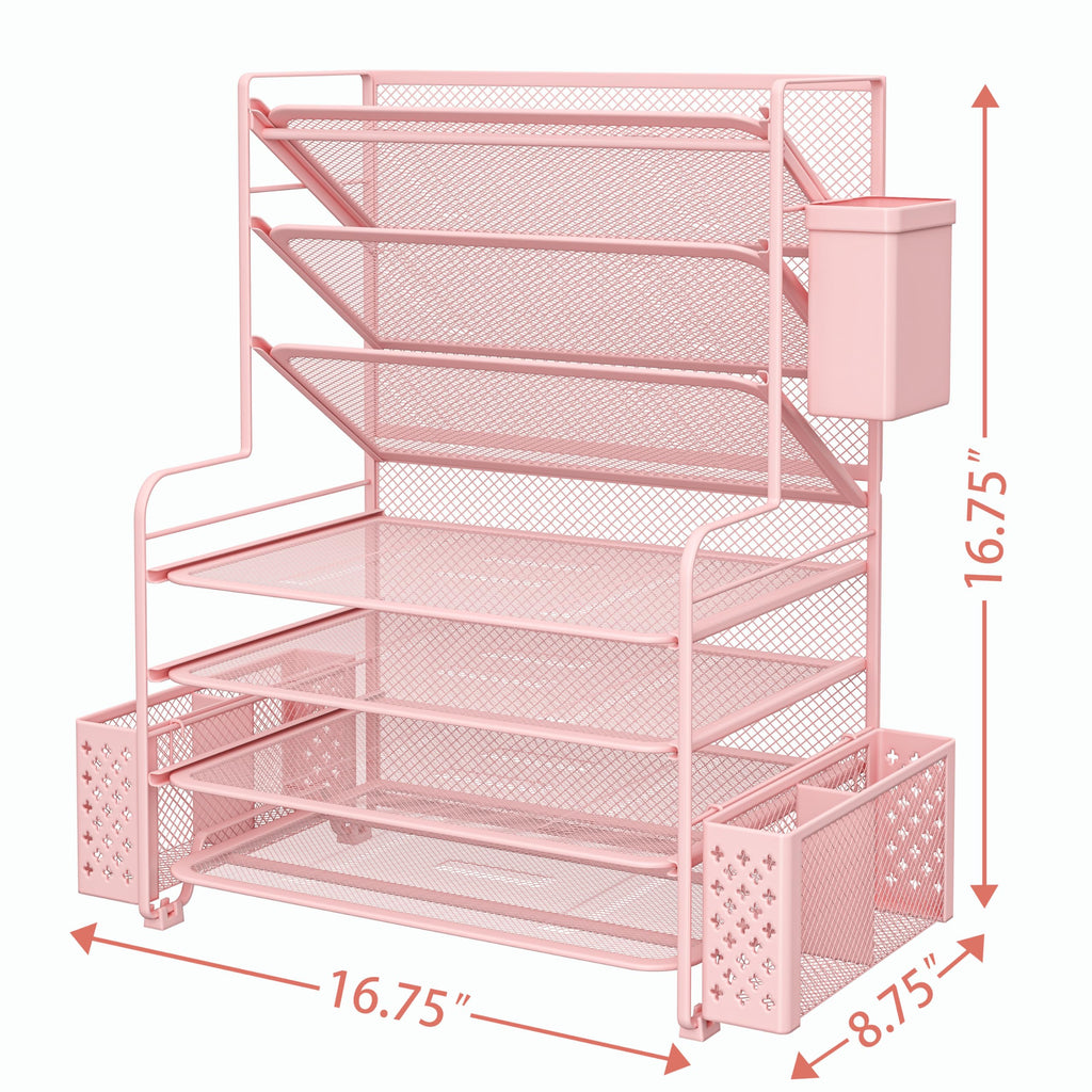 Simple Trending 7 Tier Desk File Organizer, Letter Tray Paper Organizer with Pen Holder and Metal Hanging Basket, Pink