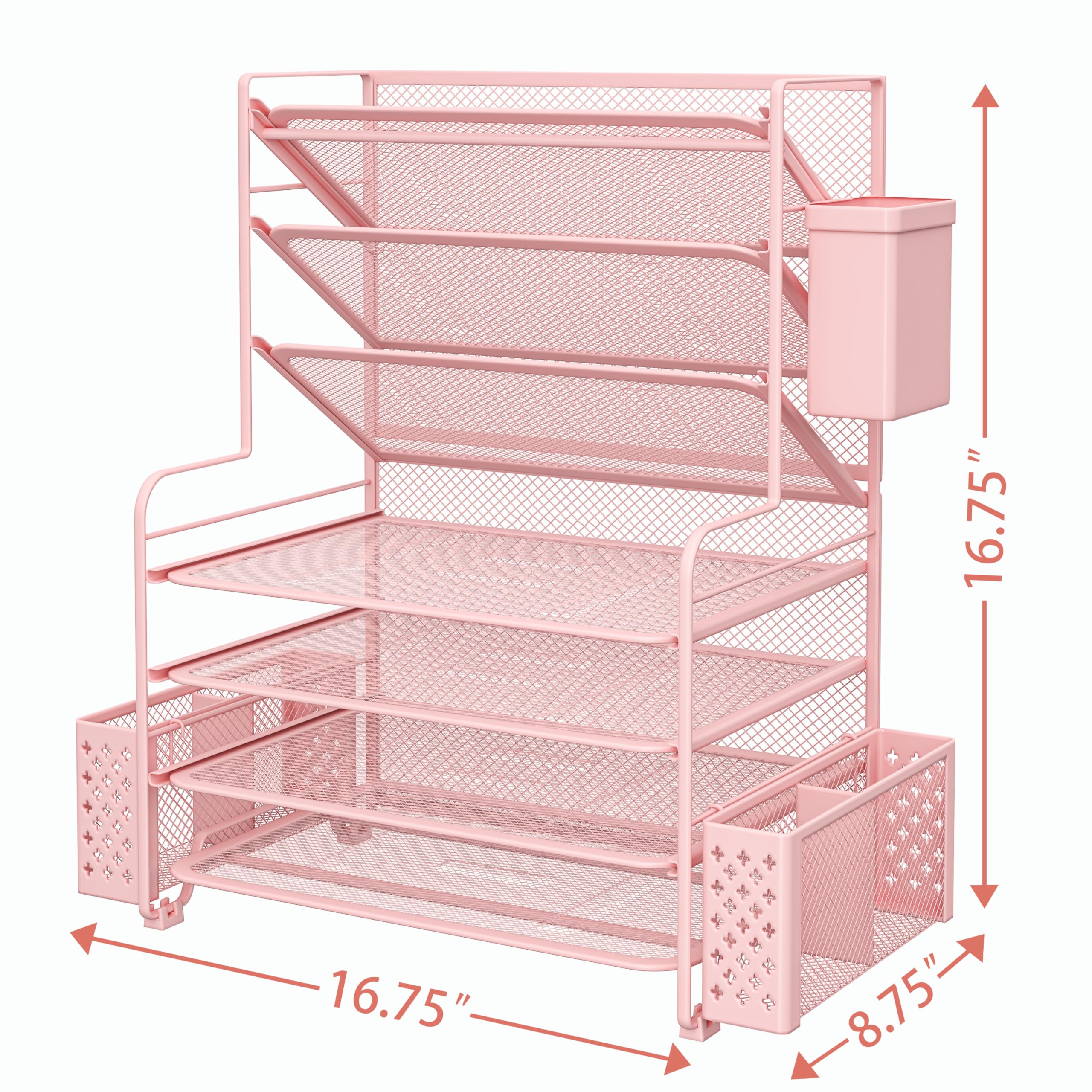 Simple Trending 7 Tier Desk File Organizer, Letter Tray Paper Organizer with Pen Holder and Metal Hanging Basket, Pink