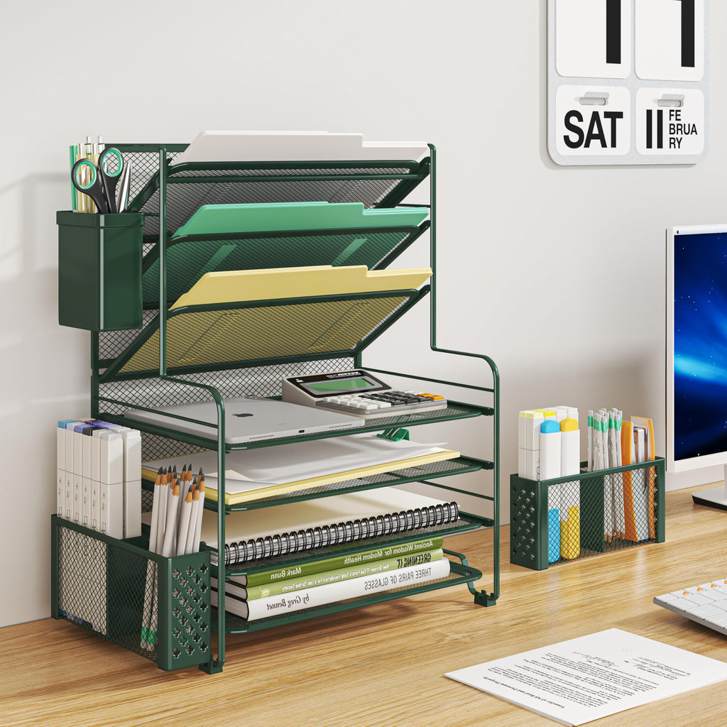 Simple Trending 7 Tier Desk File Organizer, Letter Tray Paper Organizer with Pen Holder and Metal Hanging Basket, Pink