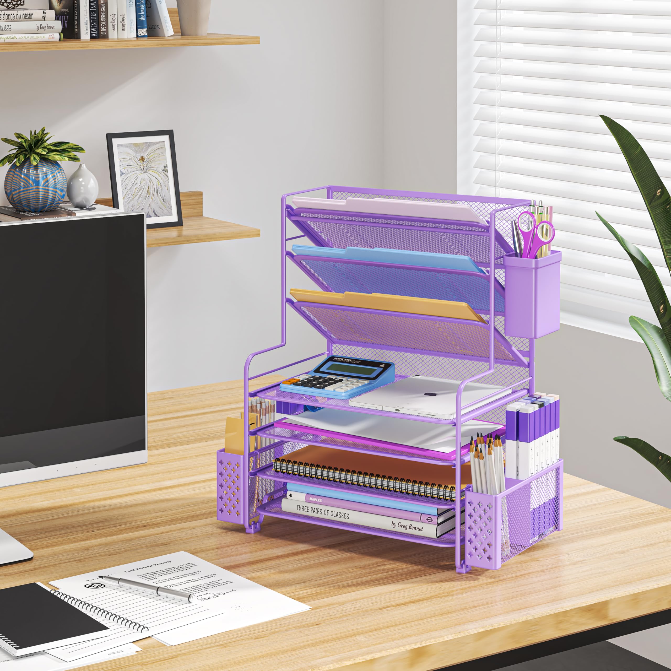 Simple Trending 7 Tier Desk File Organizer, Letter Tray Paper Organizer with Pen Holder and Metal Hanging Basket, Pink