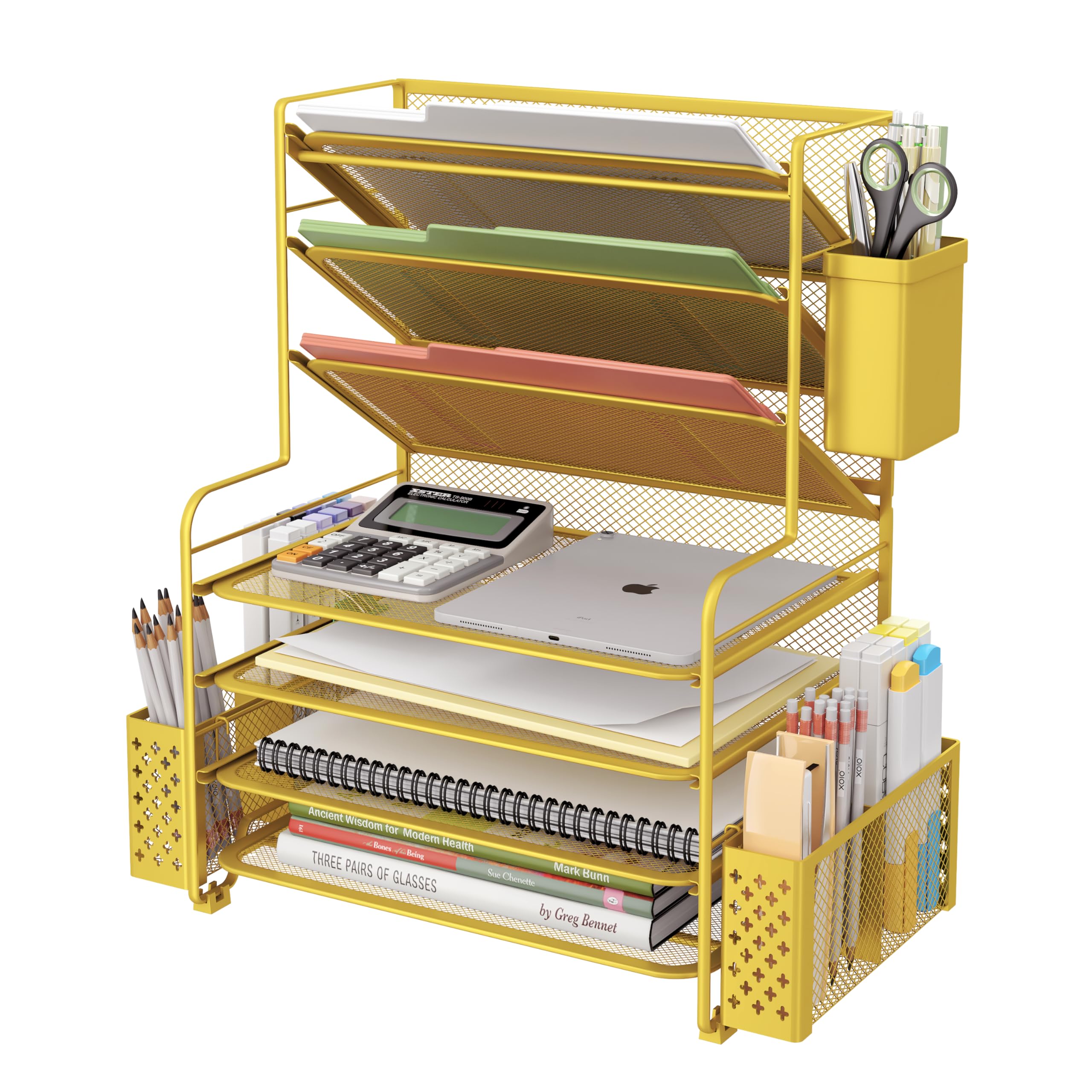 Simple Trending 7 Tier Desk File Organizer, Letter Tray Paper Organizer with Pen Holder and Metal Hanging Basket, Pink
