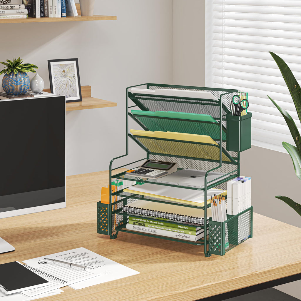 Simple Trending 7 Tier Desk File Organizer, Letter Tray Paper Organizer with Pen Holder and Metal Hanging Basket, Pink