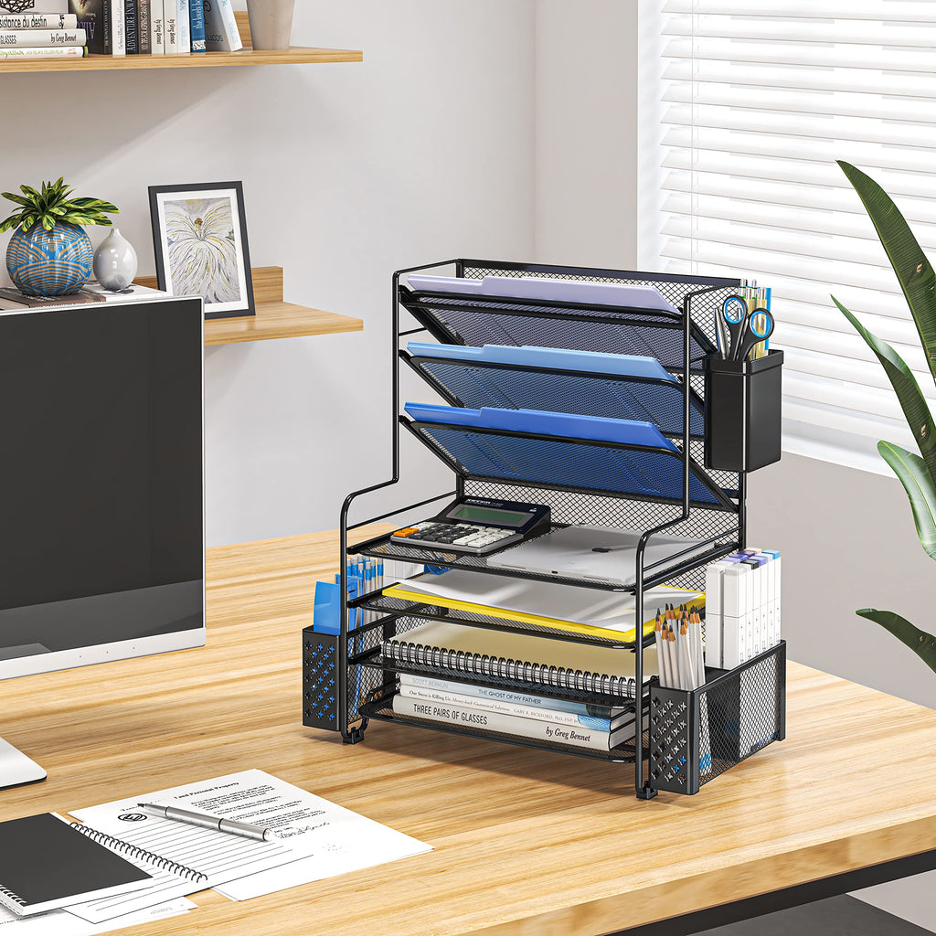 Simple Trending 7 Tier Desk File Organizer, Letter Tray Paper Organizer with Pen Holder and Metal Hanging Basket, Pink