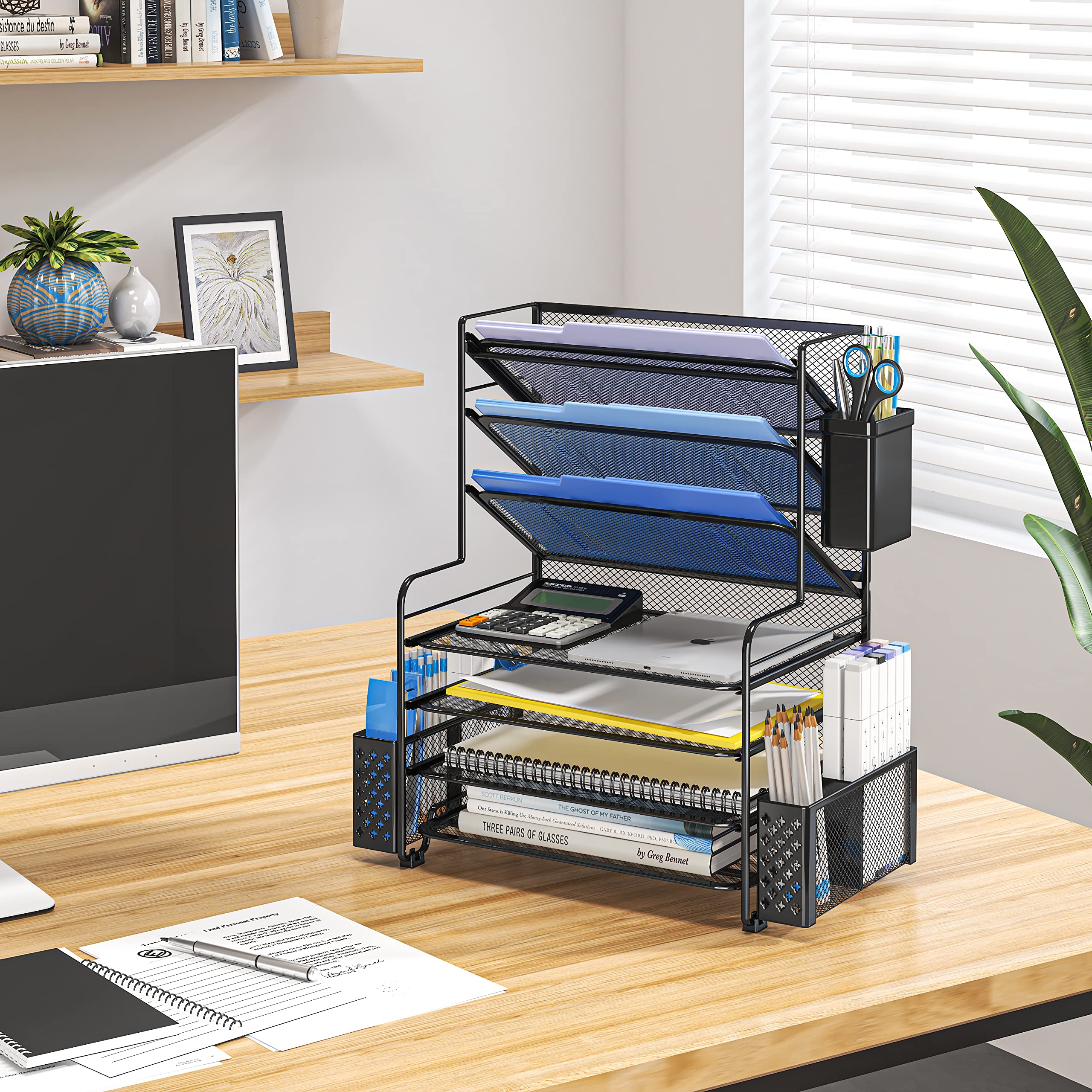 Simple Trending 7 Tier Desk File Organizer, Letter Tray Paper Organizer with Pen Holder and Metal Hanging Basket, Pink